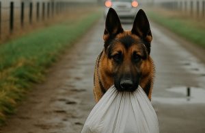 A woman noticed a German Shepherd walking down the street holding a white bag in its mouth: suddenly a car stopped nearby and the driver took the bag from the dog and then drove away