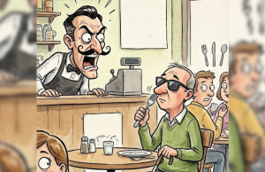 A blind man walks into a restaurant and takes a seat.