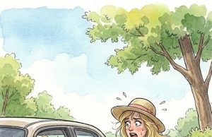 A blonde woman is driving down the road