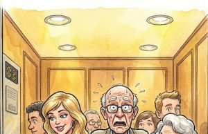 As the crowded elevator descended