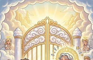 A man is standing outside the gates of Heaven