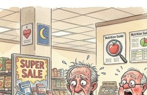 A woman in a supermarket is following a grandfather and his badly behaved grandson