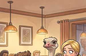 A man walks into a restaurant with a full-grown ostrich behind him.