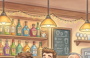 Two guys in their mid twenties are sitting at a bar having a beer.