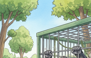 A married couple at a Zoo walk past a gorilla enclosure.