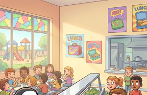 The children were lined up in the cafeteria of a Catholic elementary school for lunch.