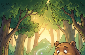 A bear and a rabbit are walking through the woods