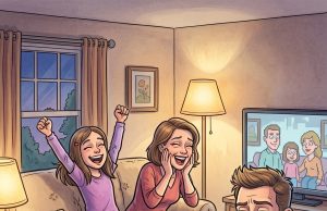 One evening a man was at home watching TV and eating peanuts.