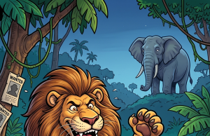 A big old lion woke up one morning feeling really rowdy and mean.