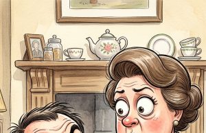 A husband and wife get up on Sunday morning.